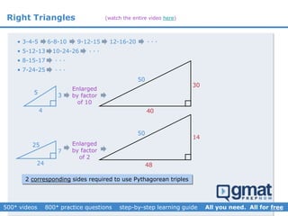 Right Triangles
• 3-4-5
• 5-12-13
• 8-15-17
• 7-24-25
6-8-10 9-12-15 12-16-20
10-24-26
. . .
. . .
. . .
50
4
35
Enlarged
by factor
of 10
50
24
7
25 Enlarged
by factor
of 2
40
30
48
14
2 corresponding sides required to use Pythagorean triples
. . .
(watch the entire video here)
 