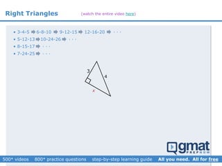 Right Triangles
• 3-4-5
• 5-12-13
• 8-15-17
• 7-24-25
6-8-10 9-12-15 12-16-20
10-24-26
. . .
. . .
. . .
3
4
x
. . .
(watch the entire video here)
 