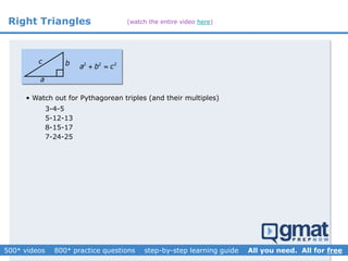 Right Triangles
2 2 2
a b c 
a
bc
• Watch out for Pythagorean triples (and their multiples)
3-4-5
5-12-13
8-15-17
7-24-25
(watch the entire video here)
 