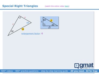 Special Right Triangles
12
30
x
y 30
60
1
2
3
60
enlargement factor: 6
(watch the entire video here)
 