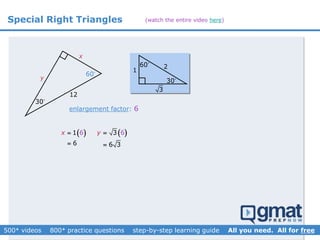 Special Right Triangles
12
30
x
y 30
60
1
2
3
60
enlargement factor: 6
 61
6
x 

 3
6 3
6y 

(watch the entire video here)
 
