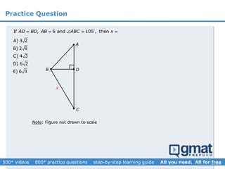 Practice Question
A) 3 2
B) 2 6
C) 4 3
D) 6 2
E) 6 3 B 
A
C
D
If , 6 and 105 , thenAD BD AB ABC x    
Note: Figure not drawn to scale
x
 