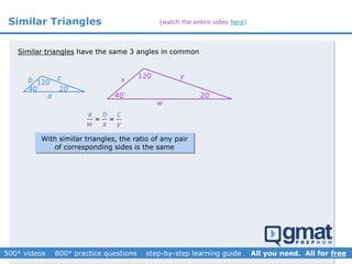 Similar Triangles
Similar triangles have the same 3 angles in common
40 20
120
40 20
120
With similar triangles, the ratio of any pair
of corresponding sides is the same
w
a
b c x y
a
w
b c
x y
 
(watch the entire video here)
 