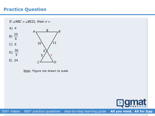 Practice Question
If , thenABC BCD x   
Note: Figure not drawn to scale
BA
C D
8
10 12
5 x
E
A) 4
25
B)
6
C) 6
36
D)
5
E) 24
 