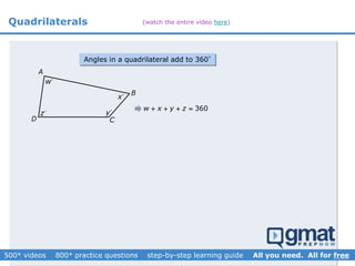 Quadrilaterals
Angles in a quadrilateral add to 360°
A
D C
w
x
y
360w x y z   
B
z
(watch the entire video here)
 
