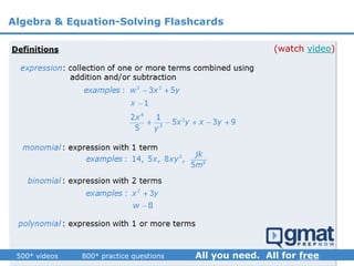 (watch video)
Algebra & Equation-Solving Flashcards
 