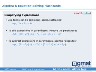 (watch video)
Algebra & Equation-Solving Flashcards
 