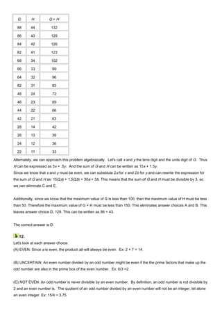 G H G + H
88 44 132
86 43 129
84 42 126
82 41 123
68 34 102
66 33 99
64 32 96
62 31 93
48 24 72
46 23 69
44 22 66
42 21 63
28 14 42
26 13 39
24 12 36
22 11 33
Alternately, we can approach this problem algebraically. Let's call x and y the tens digit and the units digit of G. Thus
H can be expressed as 5x + .5y. And the sum of G and H can be written as 15x + 1.5y.
Since we know that x and y must be even, we can substitute 2a for x and 2b for y and can rewrite the expression for
the sum of G and H as: 15(2a) + 1.5(2b) = 30a + 3b. This means that the sum of G and H must be divisible by 3, so
we can eliminate C and E.
Additionally, since we know that the maximum value of G is less than 100, then the maximum value of H must be less
than 50. Therefore the maximum value of G + H must be less than 150. This eliminates answer choices A and B. This
leaves answer choice D, 129. This can be written as 86 + 43.
The correct answer is D.
12.
Let's look at each answer choice:
(A) EVEN: Since a is even, the product ab will always be even. Ex: 2 × 7 = 14.
(B) UNCERTAIN: An even number divided by an odd number might be even if the the prime factors that make up the
odd number are also in the prime box of the even number. Ex: 6/3 =2.
(C) NOT EVEN: An odd number is never divisible by an even number. By definition, an odd number is not divisible by
2 and an even number is. The quotient of an odd number divided by an even number will not be an integer, let alone
an even integer. Ex: 15/4 = 3.75
 