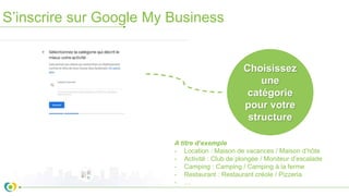 S’inscrire sur Google My Business
Choisissez
une
catégorie
pour votre
structure
A titre d’exemple
- Location : Maison de vacances / Maison d’hôte
- Activité : Club de plongée / Moniteur d’escalade
- Camping : Camping / Camping à la ferme
- Restaurant : Restaurant créole / Pizzeria
- …
 