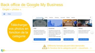 Back office de Google My Business
Télécharger
vos photos en
fonction de la
catégorie
Onglet « photos »
Différents formats peuvent-être demandés
En fonction de la catégorie (profil – couverture,…)
 