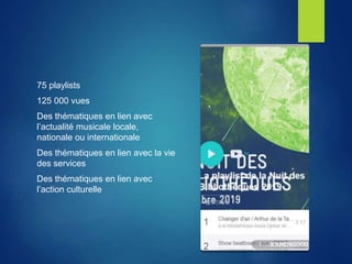 75 playlists
125 000 vues
Des thématiques en lien avec
l’actualité musicale locale,
nationale ou internationale
Des thématiques en lien avec la vie
des services
Des thématiques en lien avec
l’action culturelle
 