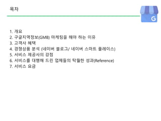 1. 개요
2. 구글지역정보(GMB) 마케팅을 해야 하는 이유
3. 고객사 혜택
4. 경쟁상품 분석 (네이버 블로그/ 네이버 스마트 플레이스)
5. 서비스 제공사의 강점
6. 서비스를 대행해 드린 업체들의 탁월한 성과(Reference)
7. 서비스 요금
목차
 