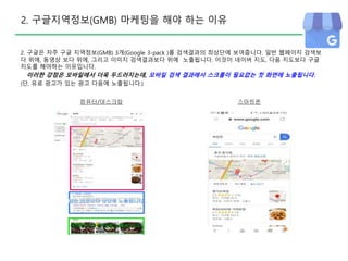 2. 구글은 자주 구글 지역정보(GMB) 3개(Google 3-pack )를 검색결과의 최상단에 보여줍니다. 일반 웹페이지 검색보
다 위에, 동영상 보다 위에, 그리고 이미지 검색결과보다 위에 노출됩니다. 이것이 네이버 지도, 다음 지도보다 구글
지도를 해야하는 이유입니다.
이러한 강점은 모바일에서 더욱 두드러지는데, 모바일 검색 결과에서 스크롤이 필요없는 첫 화면에 노출됩니다.
(단, 유료 광고가 있는 광고 다음에 노출됩니다.)
컴퓨터/데스크탑 스마트폰
2. 구글지역정보(GMB) 마케팅을 해야 하는 이유
 
