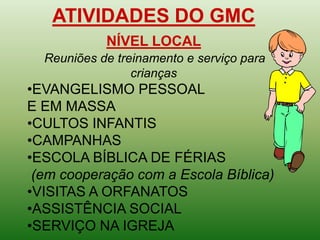 ATIVIDADES DO GMC
            NÍVEL LOCAL
  Reuniões de treinamento e serviço para
                 crianças
•EVANGELISMO PESSOAL
E EM MASSA
•CULTOS INFANTIS
•CAMPANHAS
•ESCOLA BÍBLICA DE FÉRIAS
 (em cooperação com a Escola Bíblica)
•VISITAS A ORFANATOS
•ASSISTÊNCIA SOCIAL
•SERVIÇO NA IGREJA
 