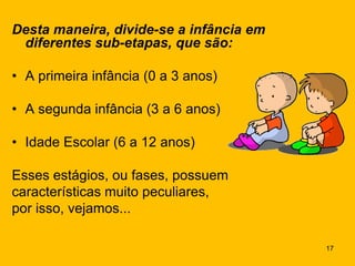 Desta maneira, divide-se a infância em
 diferentes sub-etapas, que são:

• A primeira infância (0 a 3 anos)

• A segunda infância (3 a 6 anos)

• Idade Escolar (6 a 12 anos)

Esses estágios, ou fases, possuem
características muito peculiares,
por isso, vejamos...

                                         17
 