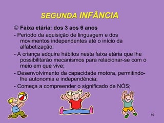 SEGUNDA INFÂNCIA
 Faixa etária: dos 3 aos 6 anos
- Período da aquisição de linguagem e dos
   movimentos independentes até o início da
   alfabetização;
- A criança adquire hábitos nesta faixa etária que lhe
   possibilitarão mecanismos para relacionar-se com o
   meio em que vive;
- Desenvolvimento da capacidade motora, permitindo-
   lhe autonomia e independência;
- Começa a compreender o significado de NÓS;




                                                         19
 