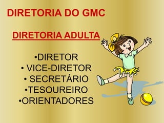 DIRETORIA DO GMC

DIRETORIA ADULTA

      •DIRETOR
  • VICE-DIRETOR
   • SECRETÁRIO
   •TESOUREIRO
 •ORIENTADORES
 