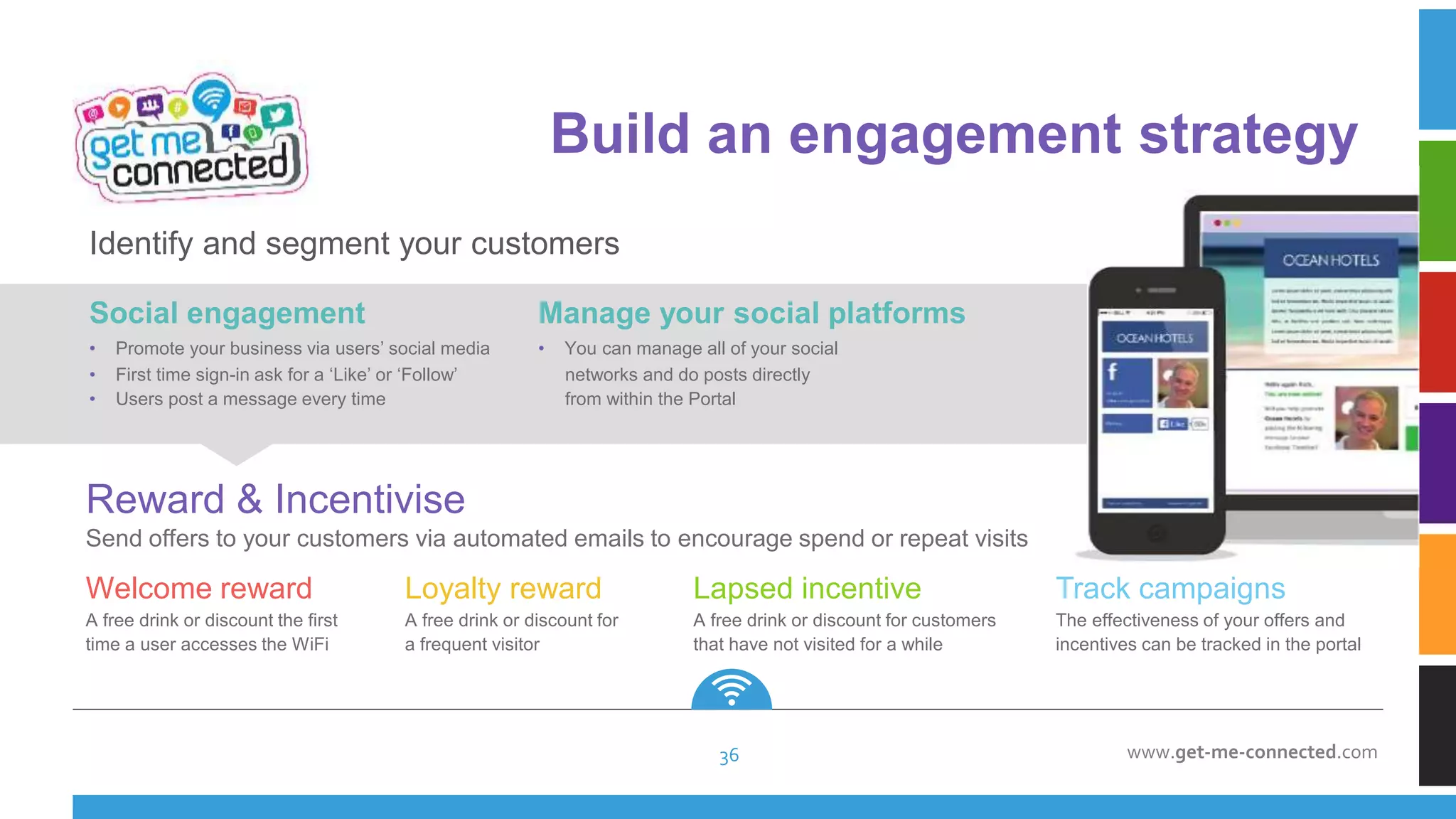 www.get-me-connected.com
Welcome reward
A free drink or discount the first
time a user accesses the WiFi
Loyalty reward
A free drink or discount for
a frequent visitor
Lapsed incentive
A free drink or discount for customers
that have not visited for a while
Track campaigns
The effectiveness of your offers and
incentives can be tracked in the portal
Identify and segment your customers
Reward & Incentivise
Send offers to your customers via automated emails to encourage spend or repeat visits
Social engagement
• Promote your business via users’ social media
• First time sign-in ask for a ‘Like’ or ‘Follow’
• Users post a message every time
Manage your social platforms
• You can manage all of your social
networks and do posts directly
from within the Portal
Build an engagement strategy
36
 