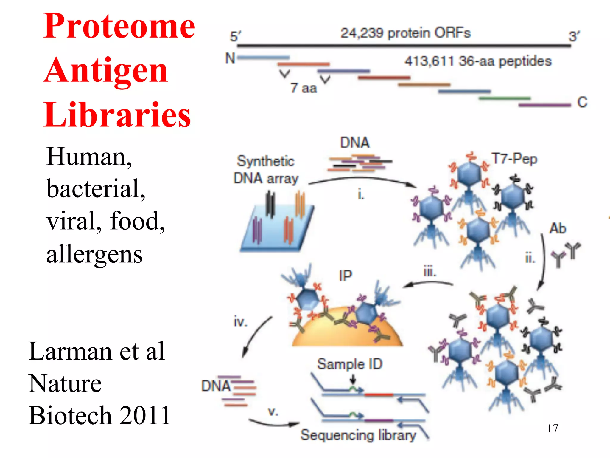 Proteome
 Antigen
 Libraries
 Human,
 bacterial,
 viral, food,
 allergens


Larman et al
Nature
Biotech 2011    17
 