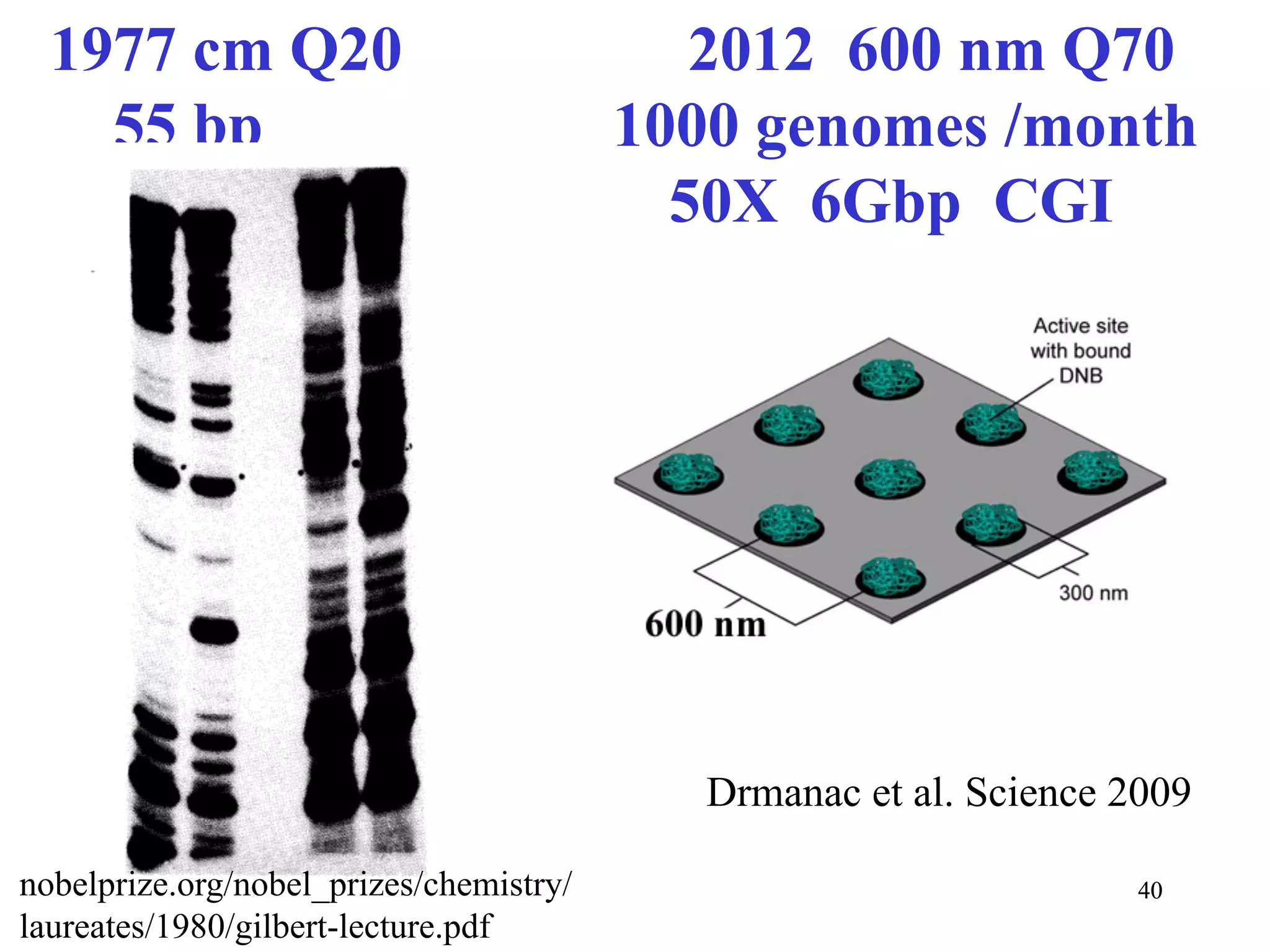 1977 cm Q20                               2012 600 nm Q70
    55 bp                                1000 genomes /month
                                           50X 6Gbp CGI




                                            Drmanac et al. Science 2009

nobelprize.org/nobel_prizes/chemistry/                              40
laureates/1980/gilbert-lecture.pdf
 