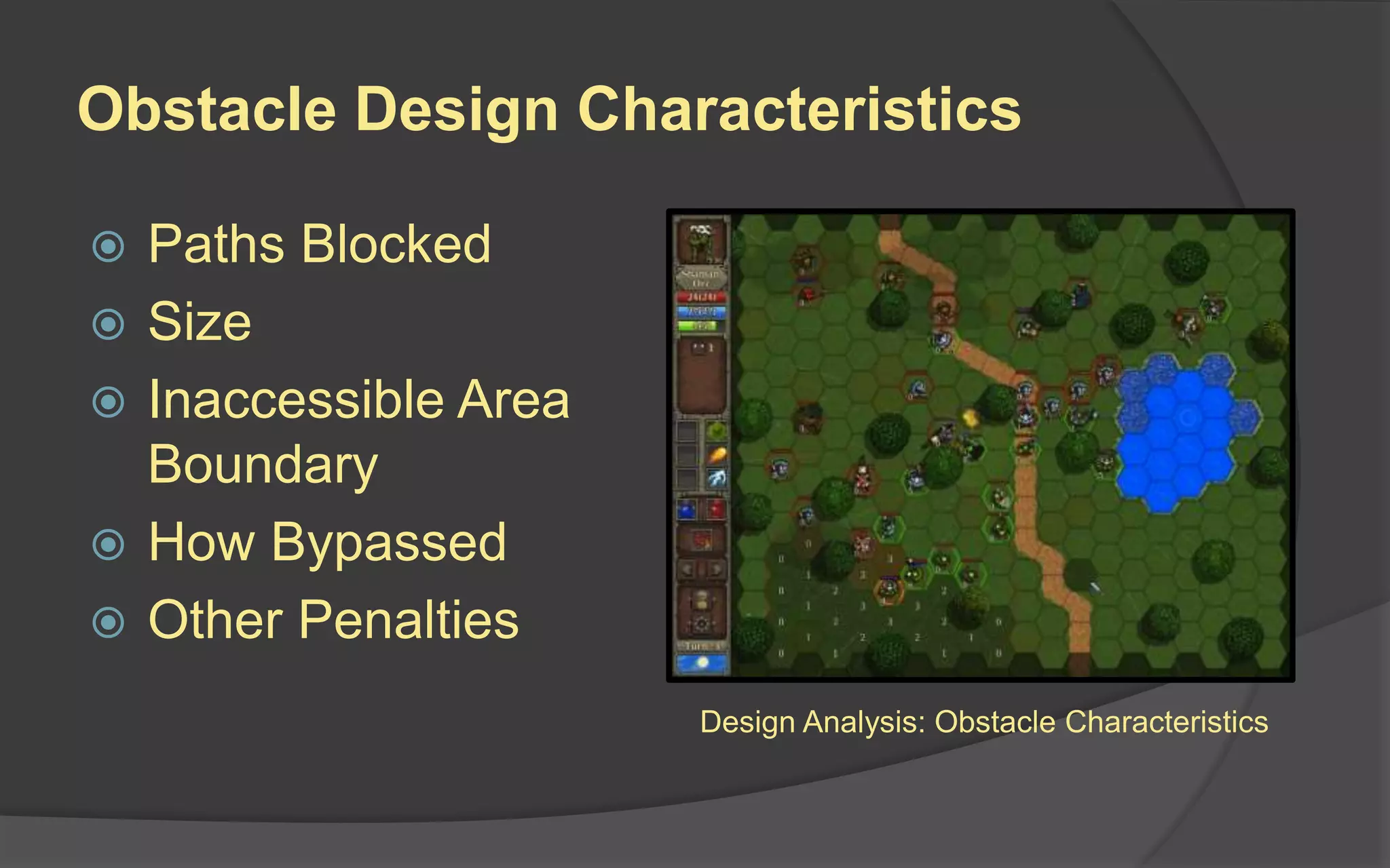 Obstacle Design Characteristics
 Paths Blocked
 Size
 Inaccessible Area
Boundary
 How Bypassed
 Other Penalties
Design Analysis: Obstacle Characteristics
 