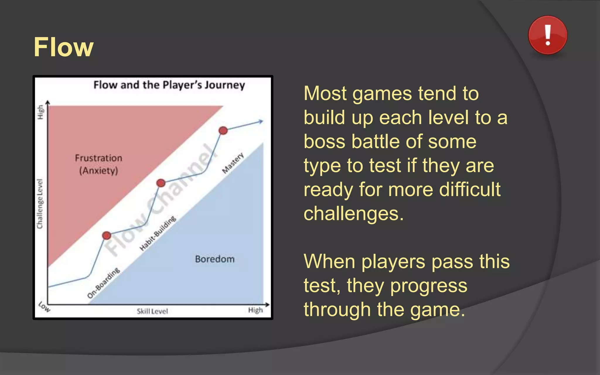 Flow
Most games tend to
build up each level to a
boss battle of some
type to test if they are
ready for more difficult
challenges.
When players pass this
test, they progress
through the game.
 