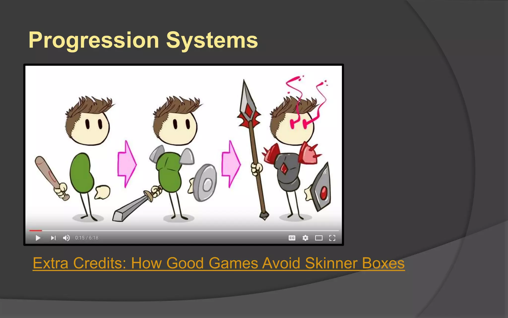 Progression Systems
Extra Credits: How Good Games Avoid Skinner Boxes
 