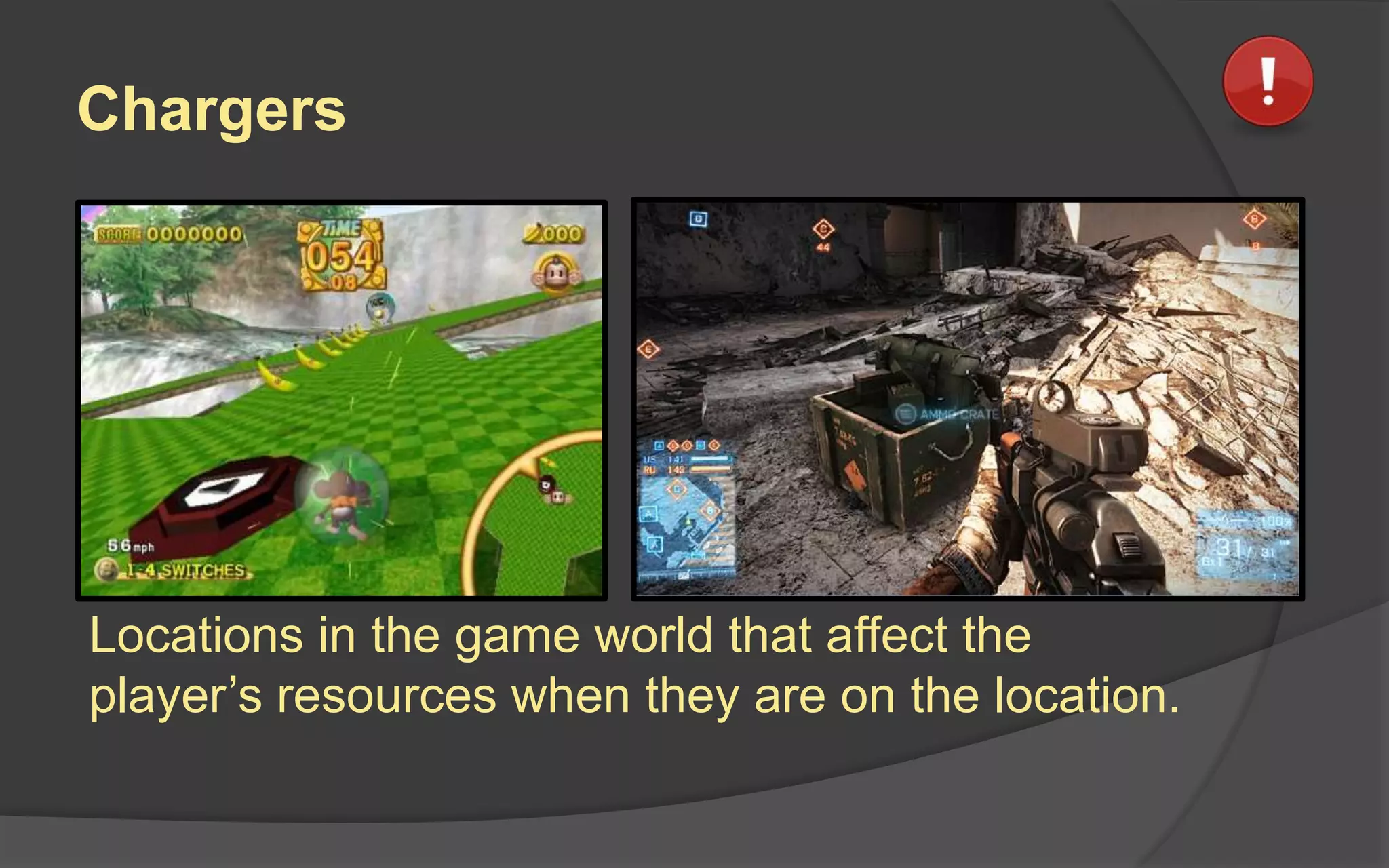 Chargers
Locations in the game world that affect the
player’s resources when they are on the location.
 
