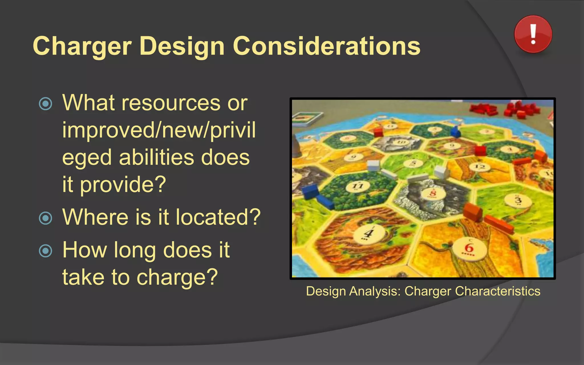 Charger Design Considerations
 What resources or
improved/new/privil
eged abilities does
it provide?
 Where is it located?
 How long does it
take to charge? Design Analysis: Charger Characteristics
 