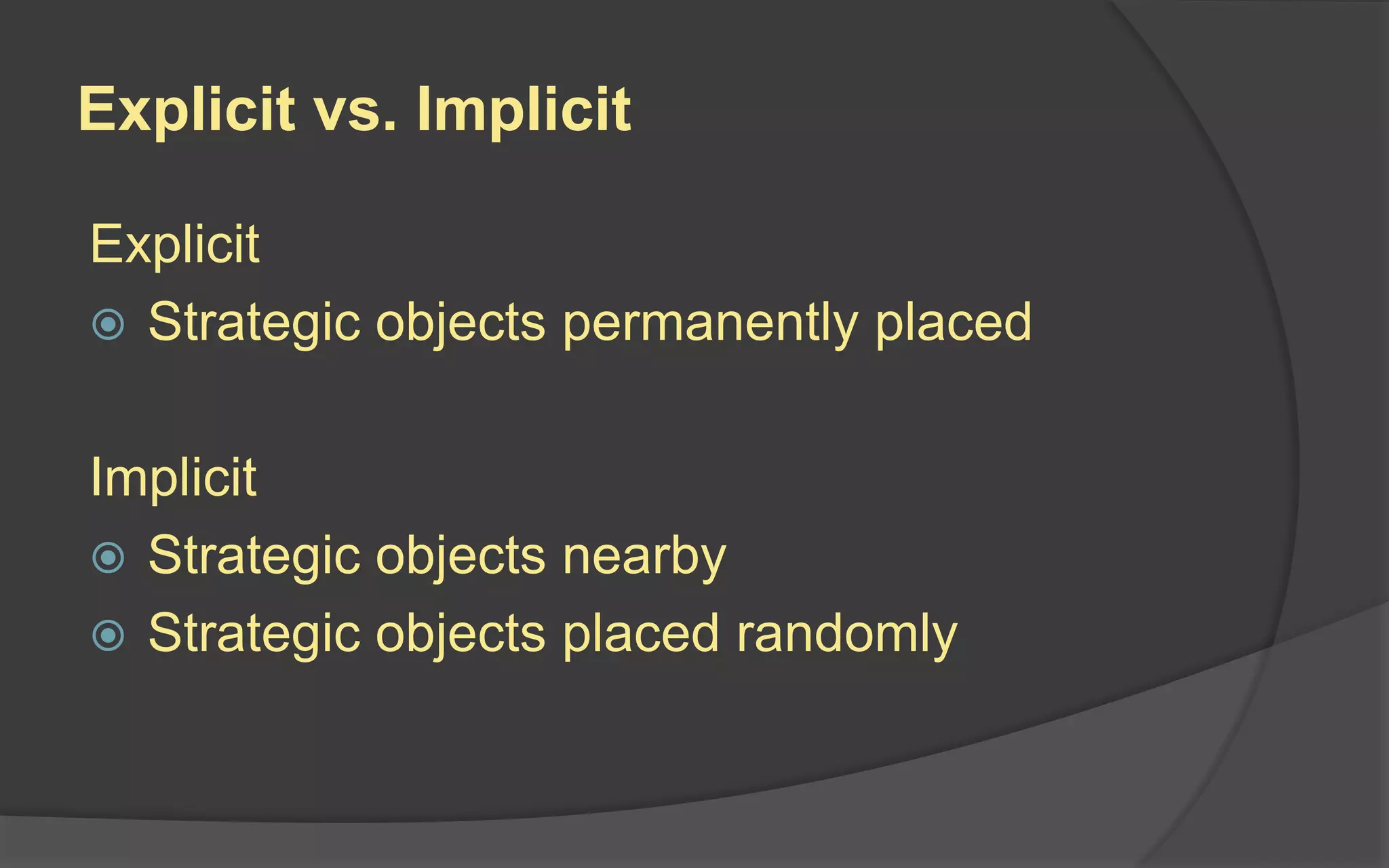 Explicit vs. Implicit
Explicit
 Strategic objects permanently placed
Implicit
 Strategic objects nearby
 Strategic objects placed randomly
 