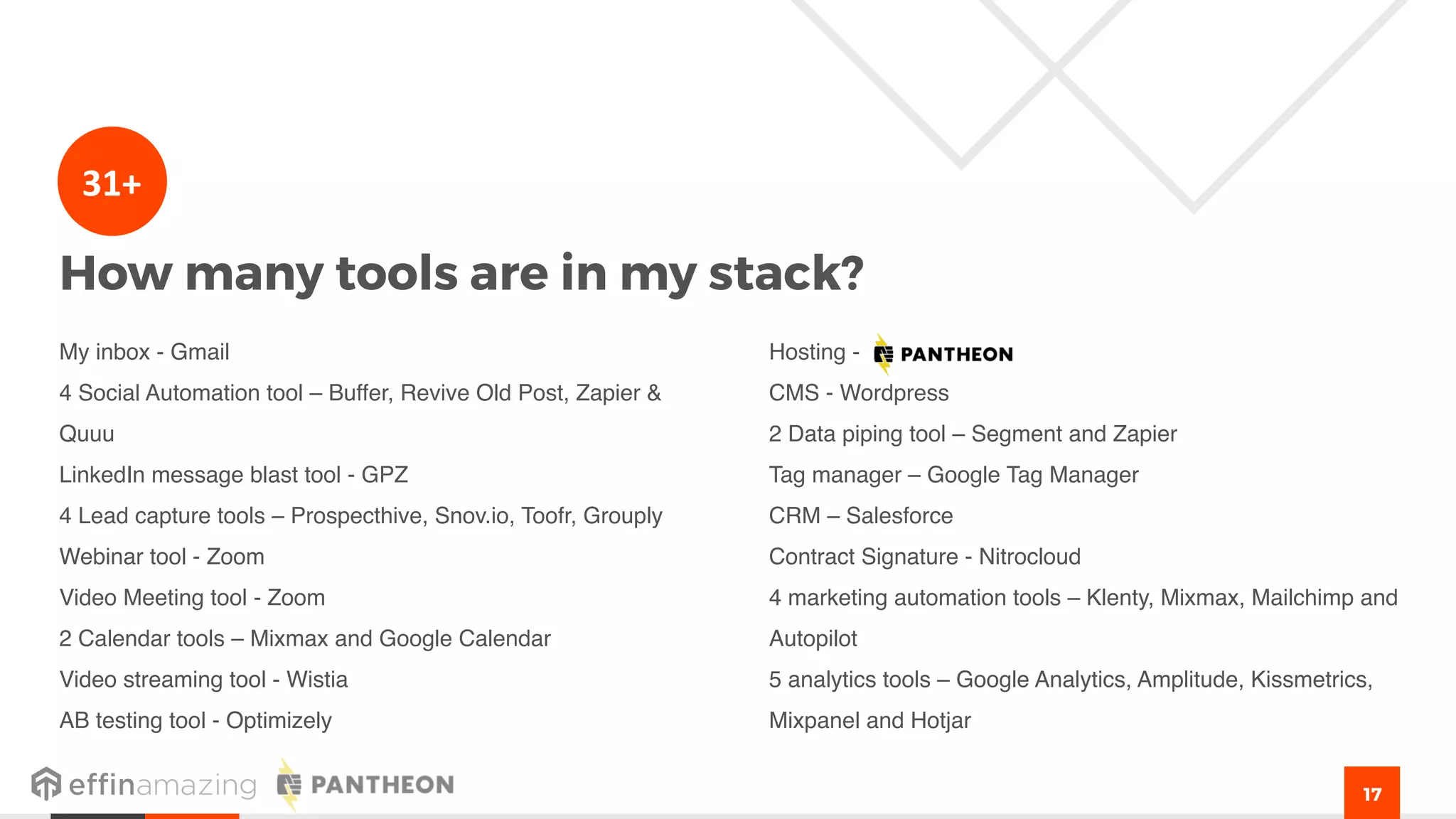 17
My inbox - Gmail
4 Social Automation tool – Buffer, Revive Old Post, Zapier &
Quuu
LinkedIn message blast tool - GPZ
4 Lead capture tools – Prospecthive, Snov.io, Toofr, Grouply
Webinar tool - Zoom
Video Meeting tool - Zoom
2 Calendar tools – Mixmax and Google Calendar
Video streaming tool - Wistia
AB testing tool - Optimizely
Hosting -
CMS - Wordpress
2 Data piping tool – Segment and Zapier
Tag manager – Google Tag Manager
CRM – Salesforce
Contract Signature - Nitrocloud
4 marketing automation tools – Klenty, Mixmax, Mailchimp and
Autopilot
5 analytics tools – Google Analytics, Amplitude, Kissmetrics,
Mixpanel and Hotjar
How many tools are in my stack?
31+
 