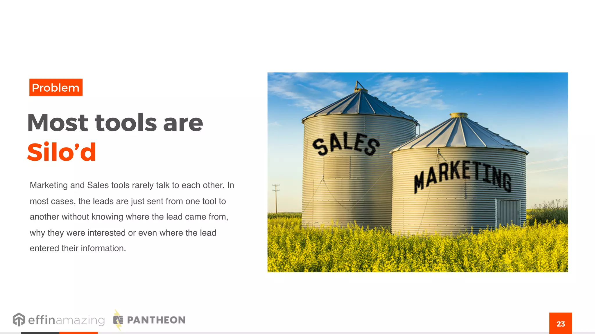 23
Most tools are
Silo’d
Problem
Marketing and Sales tools rarely talk to each other. In
most cases, the leads are just sent from one tool to
another without knowing where the lead came from,
why they were interested or even where the lead
entered their information. 2007 2008 2009 2010 2011 2012 2013 2014 2015
Company Statistic
 