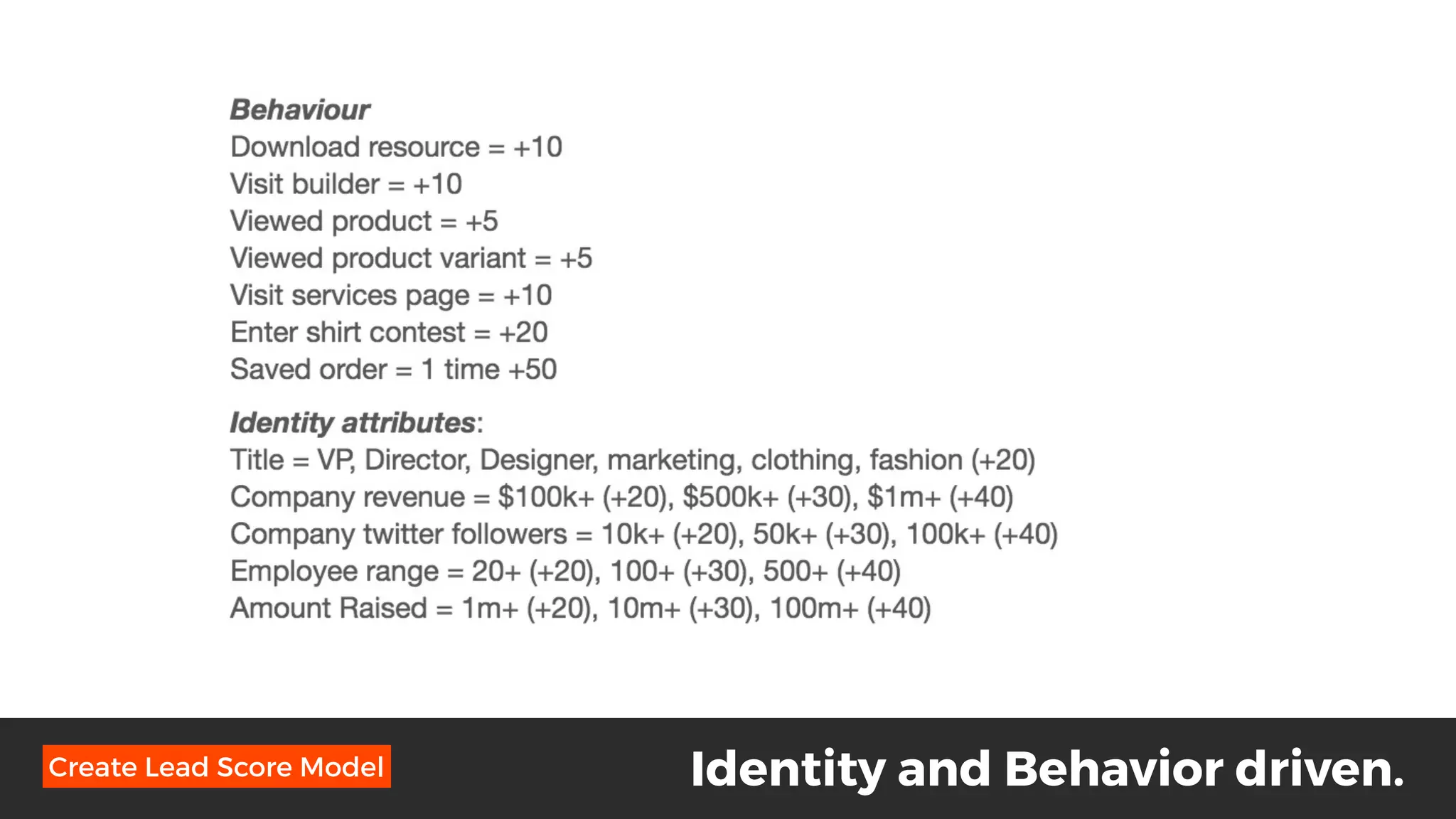 Identity and Behavior driven.Create Lead Score Model
 