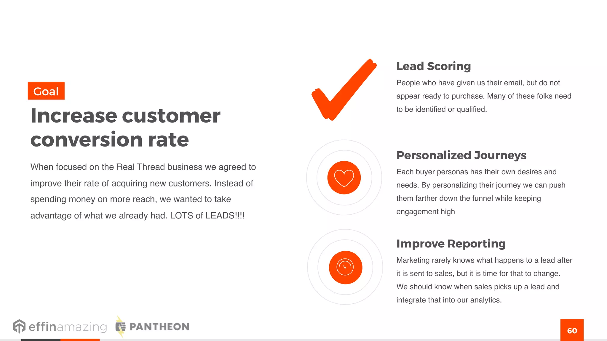60
Lead Scoring
People who have given us their email, but do not
appear ready to purchase. Many of these folks need
to be identified or qualified.
Personalized Journeys
Each buyer personas has their own desires and
needs. By personalizing their journey we can push
them farther down the funnel while keeping
engagement high
Improve Reporting
Marketing rarely knows what happens to a lead after
it is sent to sales, but it is time for that to change.
We should know when sales picks up a lead and
integrate that into our analytics.
Increase customer
conversion rate
When focused on the Real Thread business we agreed to
improve their rate of acquiring new customers. Instead of
spending money on more reach, we wanted to take
advantage of what we already had. LOTS of LEADS!!!!
Goal
 