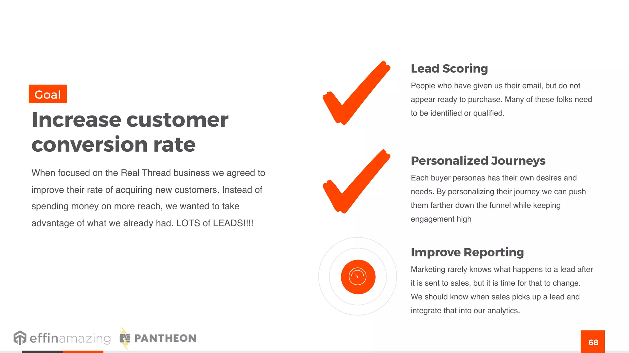 68
Lead Scoring
People who have given us their email, but do not
appear ready to purchase. Many of these folks need
to be identified or qualified.
Improve Reporting
Marketing rarely knows what happens to a lead after
it is sent to sales, but it is time for that to change.
We should know when sales picks up a lead and
integrate that into our analytics.
Personalized Journeys
Each buyer personas has their own desires and
needs. By personalizing their journey we can push
them farther down the funnel while keeping
engagement high
Increase customer
conversion rate
When focused on the Real Thread business we agreed to
improve their rate of acquiring new customers. Instead of
spending money on more reach, we wanted to take
advantage of what we already had. LOTS of LEADS!!!!
Goal
 