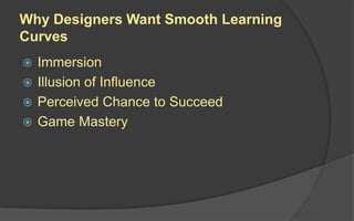 Why Designers Want Smooth Learning
Curves
 Immersion
 Illusion of Influence
 Perceived Chance to Succeed
 Game Mastery
 