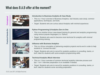 What does B.A.B offer at the moment?
B.A.B | June 2017 | All Rights Reserved.
ConceptualPracticalHands-On
Introduction to Business Analytics & Case Study
•  This is a 1-hour overview of Business Analytics, real industry case study, common
applications, techniques, and tools.
•  Target: Students who are curious about Analytics with minimal experience.
Python Programming & Analytics Zero to One
•  This is an intuitive 8-hour case-based training for general and analytics programming
using various popular languages (i.e. Python).
•  Target: Students who want to become more technical for analytics with minimal
programming training.
Influence with Business Analytics
•  This is a 8-hour simulation of delivering analytics projects end-to-end in order to help
students to “connect the dots”.
•  Target: Students who aim to recruit for analytics positions in consulting, banks, or
tech; ideal for students with some analytics programming skills.
Technical Analytics Mock Interview
•  This is a 1-hour overview of common technical analytics interview process and
tips. 1-on-1 interview preparation is an available if needed.
•  Target: Students who aim to recruit for analytics positions in consulting, banks, or
tech; ideal for students some recruiting preparation.
 