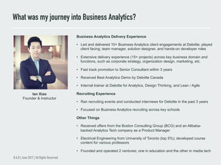 What was my journey into Business Analytics?
B.A.B | June 2017 | All Rights Reserved.
Ian Xiao
Founder & Instructor
Business Analytics Delivery Experience
•  Led and delivered 10+ Business Analytics client engagements at Deloitte; played
client facing, team manager, solution designer, and hands-on developer roles
•  Extensive delivery experience (15+ projects) across key business domain and
functions, such as corporate strategy, organization design, marketing, etc.
•  Fast track promotion to Senior Consultant within 3 years
•  Received Best Analytics Demo by Deloitte Canada
•  Internal trainer at Deloitte for Analytics, Design Thinking, and Lean / Agile
Recruiting Experience
•  Ran recruiting events and conducted interviews for Deloitte in the past 3 years
•  Focused on Business Analytics recruiting across key schools
Other Things
•  Received offers from the Boston Consulting Group (BCG) and an Alibaba-
backed Analytics Tech company as a Product Manager
•  Electrical Engineering from University of Toronto (top 5%); developed course
content for various professors
•  Founded and operated 2 ventures; one in education and the other in media tech
 