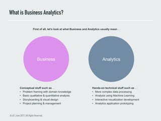 What is Business Analytics?
B.A.B | June 2017 | All Rights Reserved.
AnalyticsBusiness
Conceptual stuff such as …
•  Problem framing with domain knowledge
•  Basic qualitative & quantitative analysis
•  Storyboarding & visual design
•  Project planning & management
Hands-on technical stuff such as …
•  More complex data processing
•  Analysis using Machine Learning
•  Interactive visualization development
•  Analytics application prototyping
First of all, let’s look at what Business and Analytics usually mean …
 
