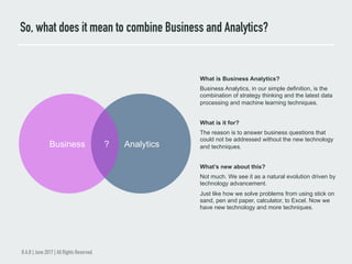 So, what does it mean to combine Business and Analytics?
B.A.B | June 2017 | All Rights Reserved.
AnalyticsBusiness
What is Business Analytics?
Business Analytics, in our simple definition, is the
combination of strategy thinking and the latest data
processing and machine learning techniques.
What is it for?
The reason is to answer business questions that
could not be addressed without the new technology
and techniques.
What’s new about this?
Not much. We see it as a natural evolution driven by
technology advancement.
Just like how we solve problems from using stick on
sand, pen and paper, calculator, to Excel. Now we
have new technology and more techniques.
?
 