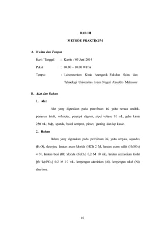 10
BAB III
METODE PRAKTIKUM
A. Waktu dan Tempat
Hari / Tanggal : Kamis / 05 Juni 2014
Pukul : 08.00 – 10.00 WITA
Tempat : Laboratorium Kimia Anorganik Fakultas Sains dan
Teknologi Universitas Islam Negeri Alauddin Makassar
B. Alat dan Bahan
1. Alat
Alat yang digunakan pada percobaan ini, yaitu neraca analitik,
pemanas listrik, voltmeter, penjepit aligator, pipet volume 10 mL, gelas kimia
250 mL, bulp, spatula, botol semprot, pinset, gunting dan lap kasar.
2. Bahan
Bahan yang digunakan pada percobaan ini, yaitu amplas, aquades
(H2O), deterjen, larutan asam klorida (HCl) 2 M, larutan asam sulfat (H2SO4)
4 N, larutan besi (III) klorida (FeCl3) 0,2 M 10 mL, larutan ammonium fosfat
[(NH4)2PO4] 0,2 M 10 mL, lempengan aluminium (Al), lempengan nikel (Ni)
dan tissu.
10
 