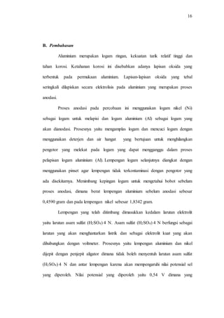 16
B. Pembahasan
Aluminium merupakan logam ringan, kekuatan tarik relatif tinggi dan
tahan korosi. Ketahanan korosi ini disebabkan adanya lapisan oksida yang
terbentuk pada permukaan aluminium. Lapisan-lapisan oksida yang tebal
seringkali dilapiskan secara elektrolisis pada aluminium yang merupakan proses
anodasi.
Proses anodasi pada percobaan ini menggunakan logam nikel (Ni)
sebagai logam untuk melapisi dan logam aluminium (Al) sebagai logam yang
akan dianodasi. Prosesnya yaitu mengamplas logam dan mencuci logam dengan
menggunakan deterjen dan air hangat yang bertujuan untuk menghilangkan
pengotor yang melekat pada logam yang dapat mengganggu dalam proses
pelapisan logam aluminium (Al). Lempengan logam selanjutnya diangkat dengan
menggunakan pinset agar lempengan tidak terkontaminasi dengan pengotor yang
ada disekitarnya. Menimbang kepingan logam untuk mengetahui bobot sebelum
proses anodasi, dimana berat lempengan aluminium sebelum anodasi sebesar
0,4590 gram dan pada lempengan nikel sebesar 1,8342 gram.
Lempengan yang telah ditimbang dimasukkan kedalam larutan elektrolit
yaitu larutan asam sulfat (H2SO4) 4 N. Asam sulfat (H2SO4) 4 N berfungsi sebagai
larutan yang akan menghantarkan listrik dan sebagai elektrolit kuat yang akan
dihubungkan dengan voltmeter. Prosesnya yaitu lempengan aluminium dan nikel
dijepit dengan penjepit aligator dimana tidak boleh menyentuh larutan asam sulfat
(H2SO4) 4 N dan antar lempengan karena akan mempengaruhi nilai potensial sel
yang diperoleh. Nilai potensial yang diperoleh yaitu 0,54 V dimana yang
 