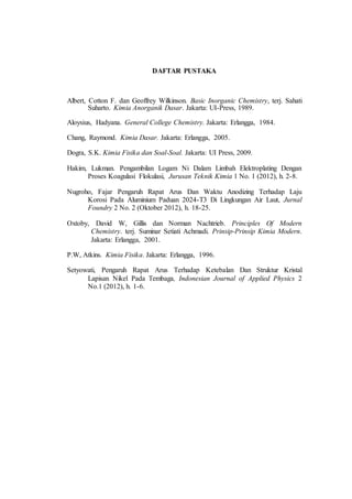 20
DAFTAR PUSTAKA
Albert, Cotton F. dan Geoffrey Wilkinson. Basic Inorganic Chemistry, terj. Sahati
Suharto. Kimia Anorganik Dasar. Jakarta: UI-Press, 1989.
Aloysius, Hadyana. General College Chemistry. Jakarta: Erlangga, 1984.
Chang, Raymond. Kimia Dasar. Jakarta: Erlangga, 2005.
Dogra, S.K. Kimia Fisika dan Soal-Soal. Jakarta: UI Press, 2009.
Hakim, Lukman. Pengambilan Logam Ni Dalam Limbah Elektroplating Dengan
Proses Koagulasi Flokulasi, Jurusan Teknik Kimia 1 No. 1 (2012), h. 2-8.
Nugroho, Fajar Pengaruh Rapat Arus Dan Waktu Anodizing Terhadap Laju
Korosi Pada Aluminium Paduan 2024-T3 Di Lingkungan Air Laut, Jurnal
Foundry 2 No. 2 (Oktober 2012), h. 18-25.
Oxtoby, David W, Gillis dan Norman Nachtrieb. Principles Of Modern
Chemistry. terj. Suminar Setiati Achmadi. Prinsip-Prinsip Kimia Modern.
Jakarta: Erlangga, 2001.
P.W, Atkins. Kimia Fisika. Jakarta: Erlangga, 1996.
Setyowati, Pengaruh Rapat Arus Terhadap Ketebalan Dan Struktur Kristal
Lapisan Nikel Pada Tembaga, Indonesian Journal of Applied Physics 2
No.1 (2012), h. 1-6.
 