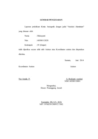 21
LEMBAR PENGESAHAN
Laporan praktikum Kimia Anorganik dengan judul “Anodasi Aluminium”
yang disusun oleh:
Nama : Riskayanti
Nim : 60500112028
Kelompok : IV (Empat)
telah diperiksa secara teliti oleh Asisten atau Koordinator asisten dan dinyatakan
diterima.
Samata, Juni 2014
Koordinator Asisten Asisten
Nur Amalia P. A. Reskianti wardani
NIM: 60500110001
Mengetahui,
Dosen Penanggung Jawab
Syamsidar HS, S.T., M.Si
NIP: 19760330 200912 2 002
 