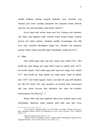8
memiliki ketahanan terhadap pengaruh perubahan cuaca. Ketebalan yang
terbentuk pada proses anodizing dipengaruhi oleh konsentrasi larutan elektrolit,
rapat arus, dan waktu pencelupan dalam larutan elektrolit.14
Korosi logam tidak terbatas hanya pada besi. Umumnya pada aluminium,
yaitu logam yang digunakan untuk membuat banyak barang berguna, termasuk
pesawat dan kaleng minuman. Aluminium memiliki kecenderungan jauh lebih
besar untuk teroksidasi dibandingkan dengan besi. Aluminiun (Al) mempunyai
potensial reduksi standar yang lebih negatif dibandingkan dengan besi (Fe).15
E. Nikel
Nikel adalah logam putih yang keras dengan berat molekul 58,71. nikel
bersifat liat, dapat ditempa dan sangat kukuh. Logam ini melebur pada 1455
o
C
dan bersifat magnetis. Nikel adalah logam putih yang keras dengan berat molekul
58,71. nikel bersifat liat, dapat ditempa dan sangat kukuh. Logam ini melebur
pada 1455
o
C dan bersifat magnetis. Garam– aram nikel (II) yang stabil diturunkan
dari nikel (II) oksida, NiO, yang merupakan zat berwarna hijau. Garam-garam
nikel yang terlarut berwarna hijau disebabkan oleh warna dari kompleks
heksakuonikelat (II) [Ni(H2
O)6
]
2+
.16
Banyak bahan yang dapat digunakan dalam proses pelapisan logam secara
elektroplating, diantaranya adalah pelapisan timah putih, seng, nikel, krom,
14Fajar Nugroho, Pengaruh Rapat Arus Dan Waktu Anodizing Terhadap Laju Korosi
Pada Aluminium Paduan 2024-T3 Di Lingkungan Air Laut, Jurnal Foundry 2 No. 2 (Oktober
2012), h. 18.
15Raymond Chang, Kimia Dasar, h. 112.
16Lukman Hakim, Pengambilan Logam Ni Dalam Limbah Elektroplating Dengan Proses
Koagulasi Flokulasi, Jurusan Teknik Kimia 1 No. 1 (2012), h. 2.
 