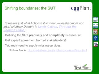 Shifting boundaries: the SUT
• ‘it means just what I choose it to mean — neither more nor
less.’ (Humpty Dumpty in Lewis Carroll, Through the
Looking Glass)
• Defining the SUT precisely and completely is essential.
• Get explicit agreement from all stake-holders!
• You may need to supply missing services
• Stubs or Mocks. http://martinfowler.com/articles/mocksArentStubs.html
 