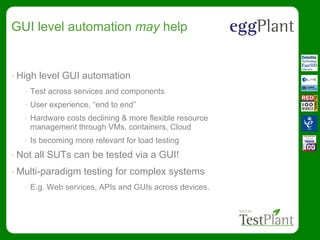 GUI level automation may help
• High level GUI automation
• Test across services and components
• User experience, “end to end”
• Hardware costs declining & more flexible resource
management through VMs, containers, Cloud
• Is becoming more relevant for load testing
• Not all SUTs can be tested via a GUI!
• Multi-paradigm testing for complex systems
• E.g. Web services, APIs and GUIs across devices.
 