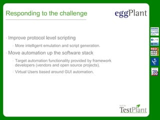 Responding to the challenge
• Improve protocol level scripting
• More intelligent emulation and script generation.
• Move automation up the software stack
• Target automation functionality provided by framework
developers (vendors and open source projects).
• Virtual Users based around GUI automation.
 
