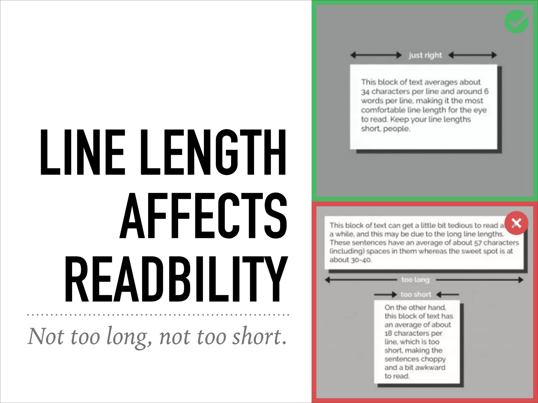 LINE LENGTH
AFFECTS
READBILITY
Not too long, not too short.
 