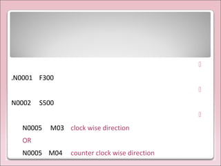 
N0001 F300.

N0002 S500

N0005 M03 clock wise direction
OR
N0005 M04 counter clock wise direction
 